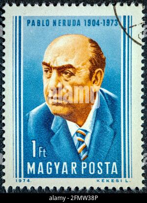 Hungary - Circa 1974: A stamp printed in Hungary shows Pablo Neruda Chilean poet and Nobel Prize in literature, circa 1974 Stock Photo