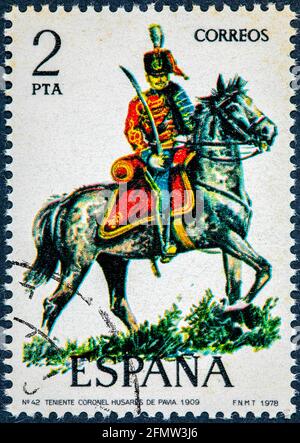 SPAIN - CIRCA 1978: A stamp printed in Spain shows Lieutenant Colonel Pavia Husares 1909 Stock Photo