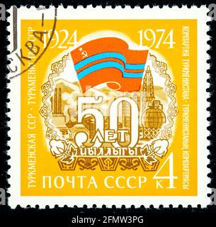 Russia - Circa 1974: Postage stamp printed in Soviet Union shows Uzbekistan SSR, 50th Anniversary of Soviet Republics serie, circa 1974 Stock Photo
