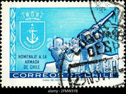 CHILE-CIRCA 1974:A stamp printed in CHILE shows image of The Chilean Navy (Armada de Chile) is the naval force of Chile, circa 1974. Stock Photo