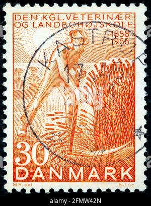 Denmark - Circa 1958: Postage stamp printed in Denmark shows Harvester, circa 1958 Stock Photo