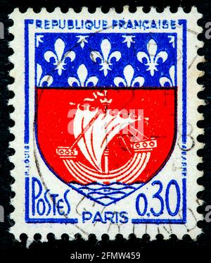 FRANCE - CIRCA 1960: A French Used Postage Stamp showing Paris Coat of Arms circa 1960 Stock Photo