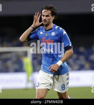Naples, Italy. 11th May, 2021. Napoli's Fabian Ruiz celebrates his goal during a Serie A soccer match between Napoli and Udinese in Naples, Italy, May 11, 2021.The match ended 5-1. Credit: Stringer/Xinhua/Alamy Live News Stock Photo