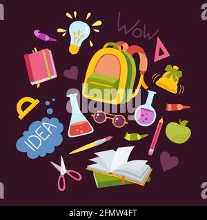 Back to School hand drawn cartoon set. Learning school colorful flat collection. First day school, chemistry education icon kit. Sketchbook, scissors, laptop, glasses and book backpack, paints vector Stock Vector