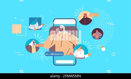 arabic people communicating in instant messengers by voice messages audio chat app social media online communication Stock Vector