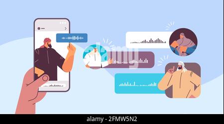 arabic people communicating in instant messengers by voice messages audio chat application online communication Stock Vector