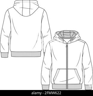 Boys Sweatshirt Hoodie fashion flat sketch template. Young men zip front top Technical Fashion Illustration. Drop Shoulders ad front pocket Stock Vector
