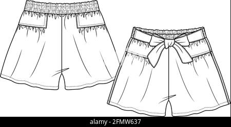 Cute Girls Flare Shorts with front bow fashion flat sketch template. Kids Technical Fashion Illustration. Covered Elastic waist. Stock Vector
