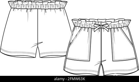 Girls Short fashion flat sketch template. Technical Fashion Illustration. Paperbag elastic waist. Front Bow and Apply Pocket Stock Vector