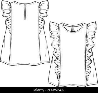 Baby Girls Sleeveless Top fashion flat sketch template. Girls Kids Technical Fashion Illustration. Front and back cut and sew with frill detail. Stock Vector