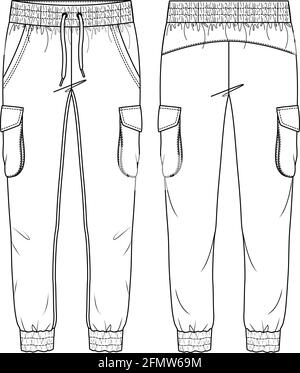 Jogger Pants fashion flat technical drawing template. Sport Sweat Pants  technical fashion Illustration, side pocket, elastic waistband, front, side  and back view, white, women, men, unisex CAD mockup. Stock Vector