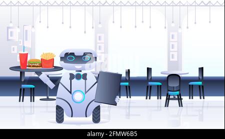 humanoid robot waiter carries tray with food and drinks in restaurant artificial intelligence technology concept Stock Vector