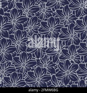Monochrome Floral vector seamless Pattern Doodle style. Summer Hand drawn Botanical pattern. Nautical Marine look Stock Vector