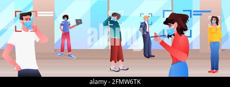 detection and identification of businesspeople in masks facial recognition system AI analyze big data concept Stock Vector