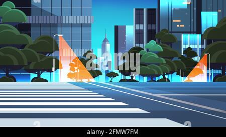 empty night street road with crosswalk city buildings skyline modern architecture cityscape background horizontal Stock Vector