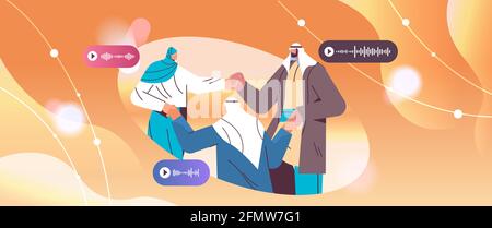 arabic people communicating in instant messengers by voice messages audio chat app online communication Stock Vector