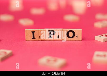 Assam, india - March 30, 2021 : Word IPO written on wooden cubes stock image. Stock Photo