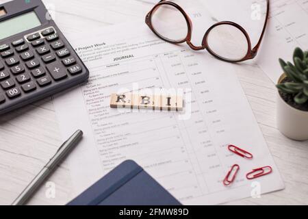 Assam, india - March 30, 2021 : Word RBI written on wooden cubes stock image. Stock Photo