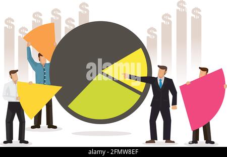 Businessman directing on his financial management. Asset or portfolio allocation, statistics review or business report. Vector illustration. Stock Vector