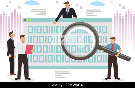 Businessmen and office workers study computer data, analyze the business information. Flat vector Illustration isolated. Stock Vector