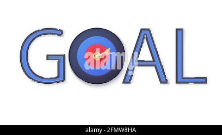 Volumetric text Goal. Target board with arrow in center. Vector illustration. Stock Vector