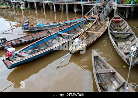 Dugout canoes in Pebas, Peru are the primary means of transportation on the Amazon River Stock Photo