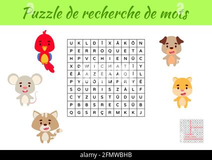 Puzzle de recherche de mots - Word search puzzle with pictures. Educational game for study French words. Kids activity worksheet colorful printable ve Stock Vector