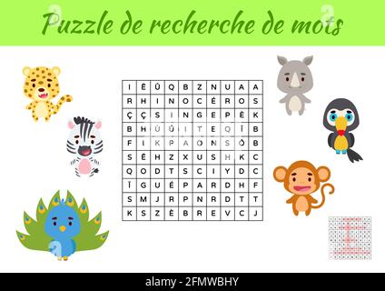 Puzzle de recherche de mots - Word search puzzle with pictures. Educational game for study French words. Kids activity worksheet colorful printable ve Stock Vector