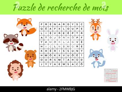 Puzzle de recherche de mots - Word search puzzle with pictures. Educational game for study French words. Kids activity worksheet colorful printable ve Stock Vector