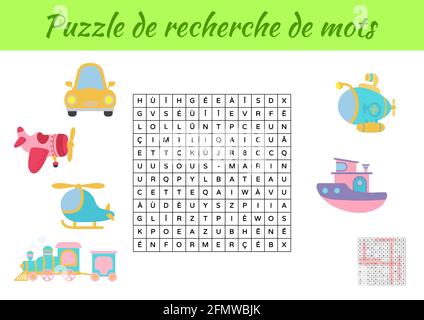 Puzzle de recherche de mots - Word search puzzle with pictures. Educational game for study French words. Kids activity worksheet colorful printable ve Stock Vector