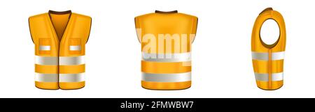 Orange safety vest with reflective stripes, uniform for construction works, drivers and road workers. Vector realistic 3d waistcoat with reflectors and pockets in front, back and side view Stock Vector