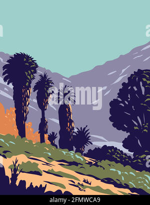 WPA Poster Art of California Fan Palms in Cottonwood Spring Oasis located in Joshua Tree National Park in California done in works project administrat Stock Vector