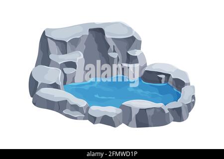 Pond with water and stones, natural or garden decoration in cartoon style isolated on white background. Ui game asset, Park pool, lake. Vector illustr Stock Vector