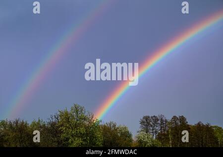 Two rainbows with rain clouds in the sky. Colored rainbow. Color spectrum. Rain clouds. Gloomy sky. Green tree crowns. Natural landscape. Atmospheric Stock Photo