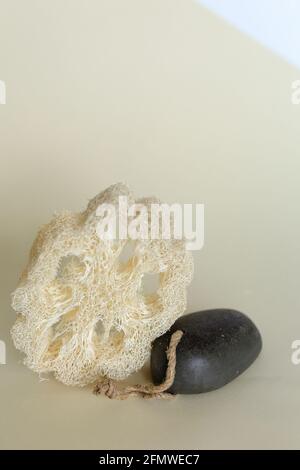 Bath accessories concept. Natural beige sponge Luffa cylindricaon on neutral beige background. Zero waste, eco friendly Stock Photo