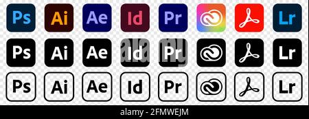 VINNYTSIA, UKRAINE - MAY 11 2021: Set of popular Adobe apps icons illustrator, photoshop, creative cloud, after effects, lightroom and etc. Editorial Stock Vector