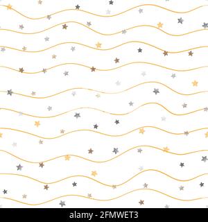 Cute festive background with gold falling stars. Holiday seamless pattern. Ornament for gift wrapping paper, fabric, clothes, textile, surface texture Stock Vector
