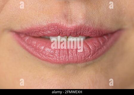 Close up on the smiling parted lips and mouth of a woman wearing subtle pink lipstick in a cropped view Stock Photo