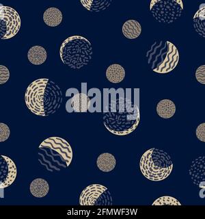 Moon phases. Crescent growth. Abstract seamless vector pattern. style, geometric motifs, hand drawn dotted elements. Golden on dark blue. Stock Vector