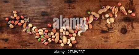 Nuts panorama. Many different nuts, shot from above Stock Photo