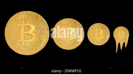 Bitcoin melting concept isolated on black background. Golden bitcoin price declining conceptual photography. Step by step. Stock Photo