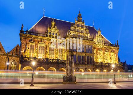 Bremen market square town hall Roland in Germany at night blue hour landmark Stock Photo