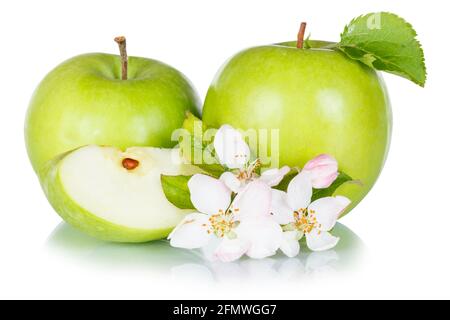 Apples fruits green apple fruit with leaves and blossoms isolated on a white background food Stock Photo
