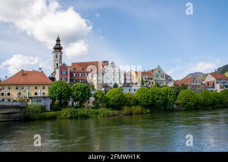 View of the river Mur and Frohnleiten, Austria Stock Photo