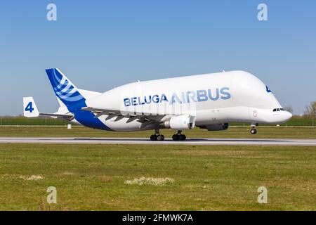 Hamburg, Germany - April 20, 2021: Airbus Beluga Super Transporter A300B4 airplane at Hamburg Finkenwerder airport (XFW) in Germany. Stock Photo