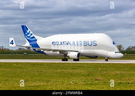 Hamburg, Germany - April 21, 2021: Airbus Beluga Super Transporter A300B4 airplane at Hamburg Finkenwerder airport (XFW) in Germany. Stock Photo
