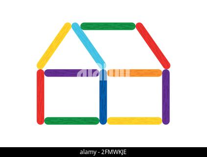 Rainbow color popsicle stick house for kids game. Stock Vector