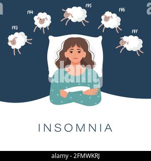 Woman trying to fall asleep counting sheep. Insomnia cause of mental problems, insomniac ideas. Vector illustration in flat style Stock Vector