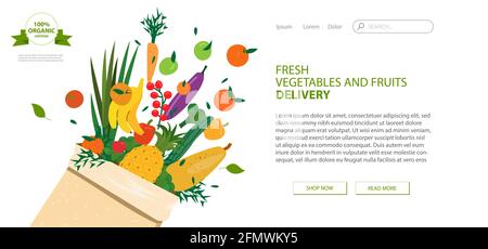 Web page design template for grocery store, online market, farm, home delivery fresh vegetables and fruits. Vector illustration for website developmen Stock Vector