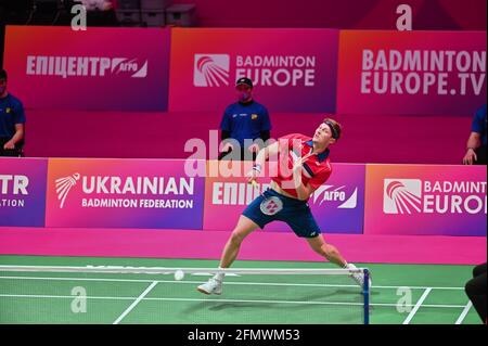 KYIV, UKRAINE - APRIL 30, 2021: Viktor AXELSEN during the badminton match. The 2020 European Championships. Semi-final round. Stock Photo